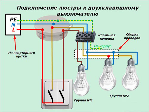 схема подключения двухклавишного выключателя света на люстру