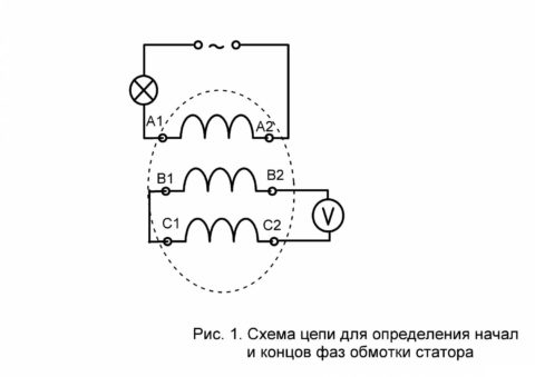 Схема определения начала и конца обмоток электродвигателя